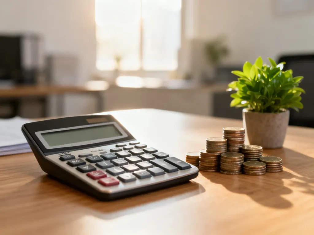 Kalkulator, monety i roślina na biurku, symbolizujące planowanie finansów i obliczanie wynagrodzenia netto.