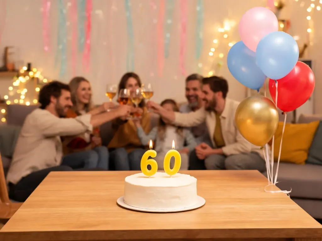 Tort z zapalonymi świeczkami 60, kolorowe balony i rodzina świętująca w ciepłej, radosnej atmosferze salonu.
