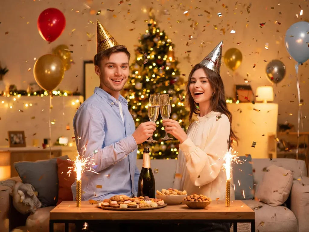 Para w sylwestrowych czapkach wznosi toast szampanem w przytulnym salonie, pełnym balonów, konfetti i świątecznych świateł.