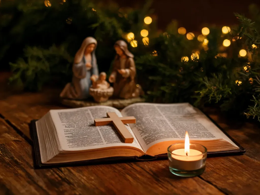 Otwarta Biblia przy świecy i żłóbku, w tle rozmyte światełka choinki; nastrojowa, religijna atmosfera Bożego Narodzenia.