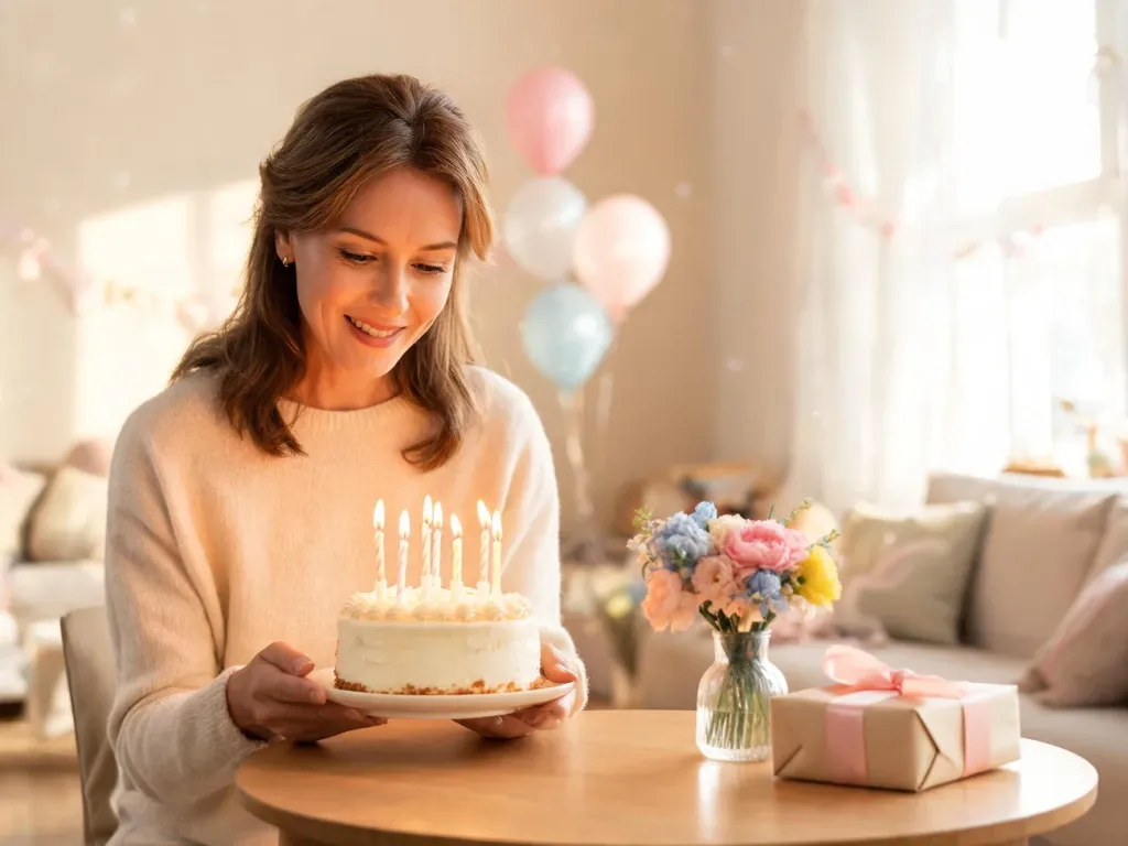 Uśmiechnięta kobieta około 40 lat z tortem urodzinowym przy stole, w tle balony, kwiaty i prezent w ciepłej, rodzinnej atmosferze.