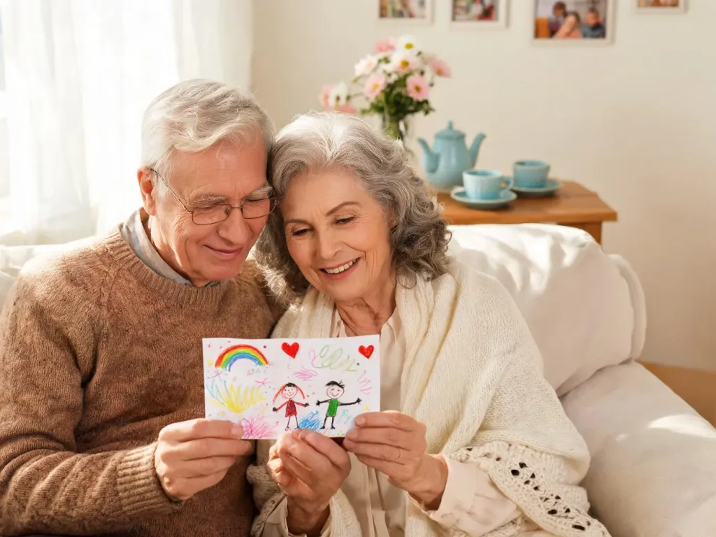 Babcia i dziadek siedzą razem na kanapie, uśmiechają się, trzymając własnoręcznie zrobioną, kolorową laurkę od wnuka.
