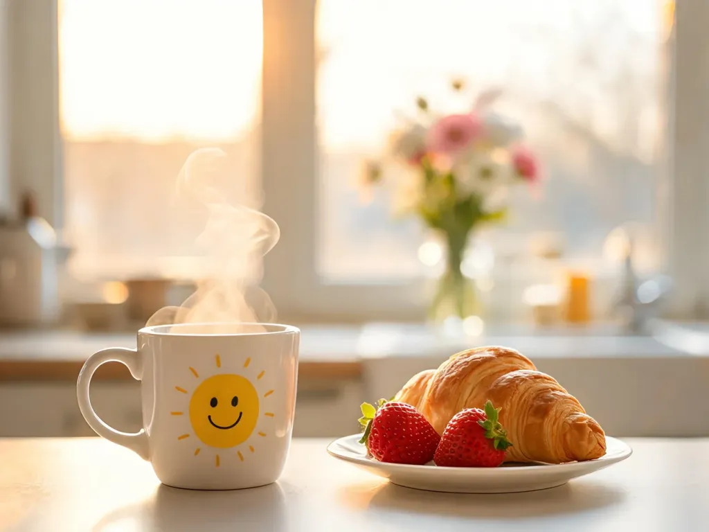 Poranek w jasnej kuchni: kubek z uśmiechniętym słońcem, croissant i truskawki w ciepłym świetle wschodu słońca