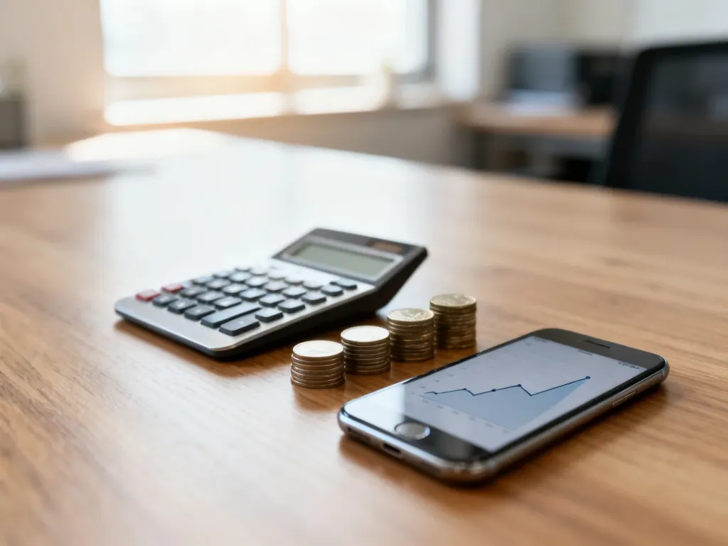 Eleganckie biurko z kalkulatorem, monetami i smartfonem z wykresem, symbolizujące planowanie finansów i wynagrodzeń.
