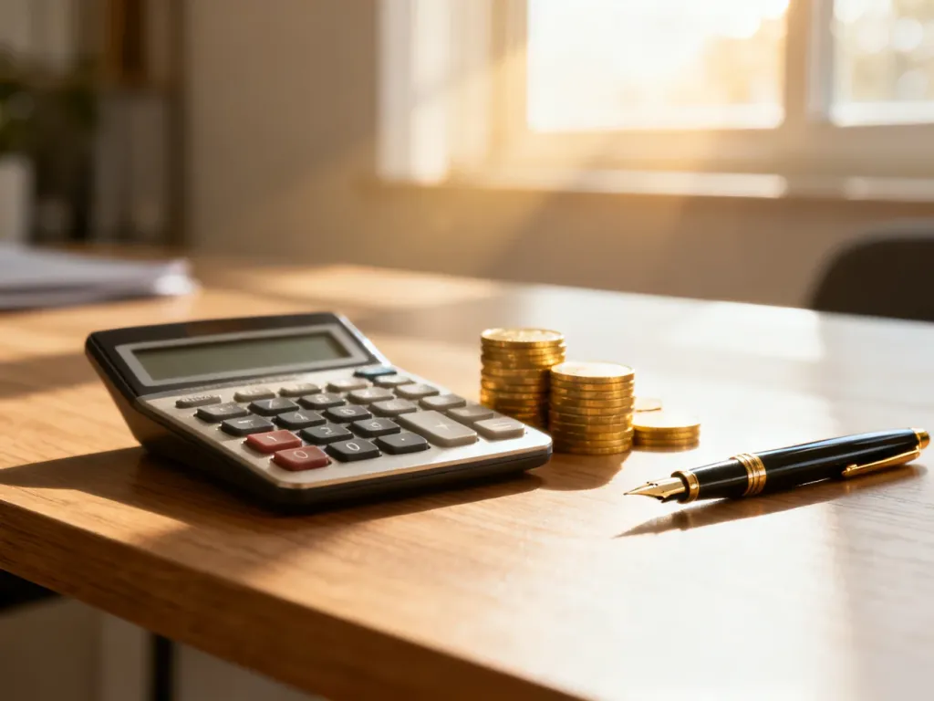 Kalkulator, złote monety i pióro na biurku, symbolizujące planowanie finansów i obliczenia wynagrodzenia.