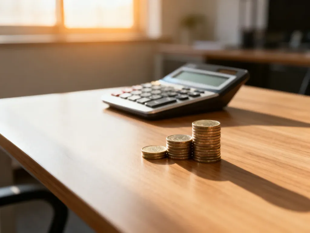 Kalkulator i monety na drewnianym biurku, symbolizujące obliczanie wynagrodzenia i planowanie finansów.