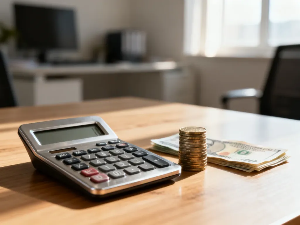 Kalkulator i pieniądze na biurku, symbolizujące planowanie finansów i obliczanie wynagrodzenia.