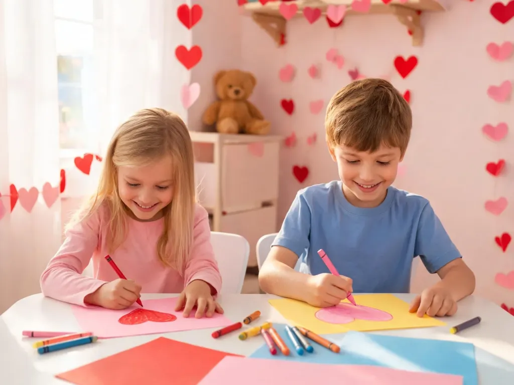 Dwoje uśmiechniętych dzieci rysuje serduszka przy stoliku w pokoju udekorowanym na walentynki papierowymi sercami.