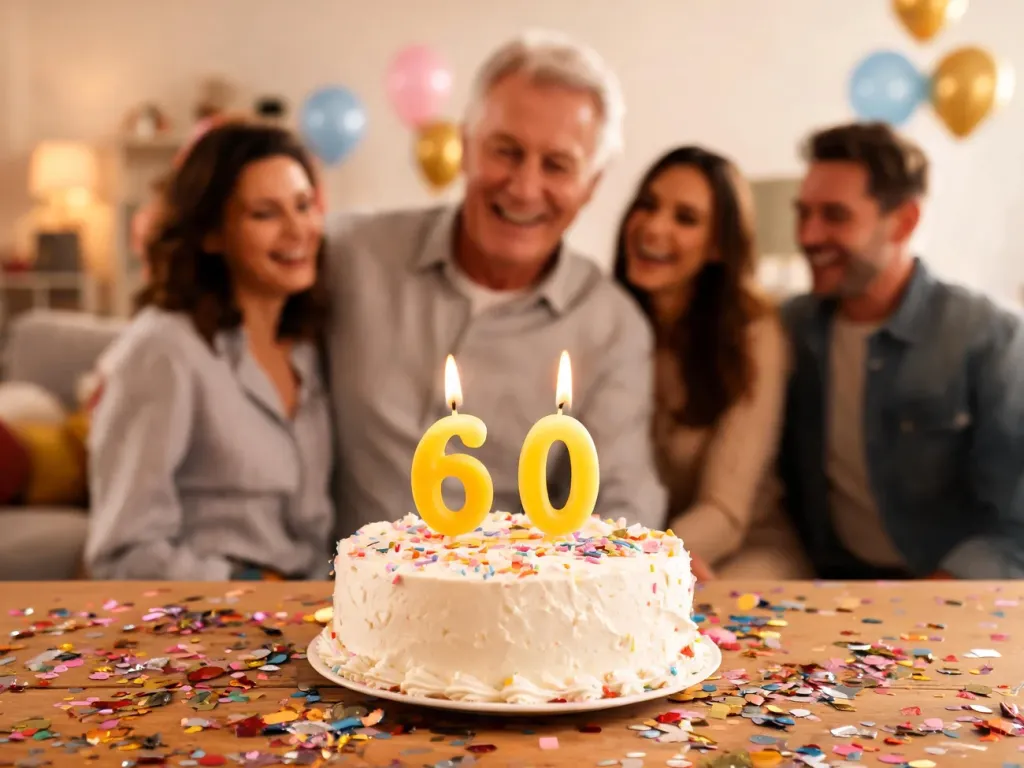 Tort z zapalonymi świeczkami „60” na domowej imprezie urodzinowej, w tle roześmiany jubilat z przyjaciółmi.