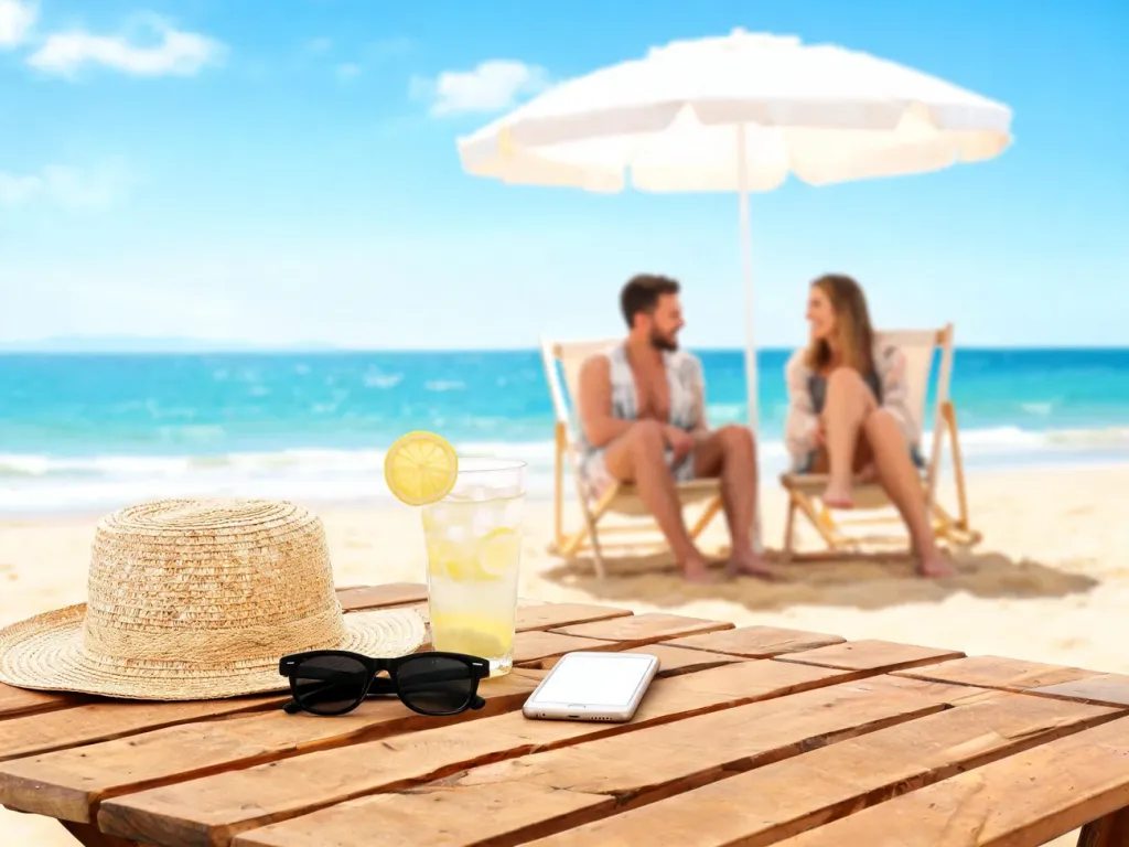 Letni relaks na plaży: kapelusz, okulary i drink na stole, w tle para na leżakach – atmosfera wakacyjnych życzeń