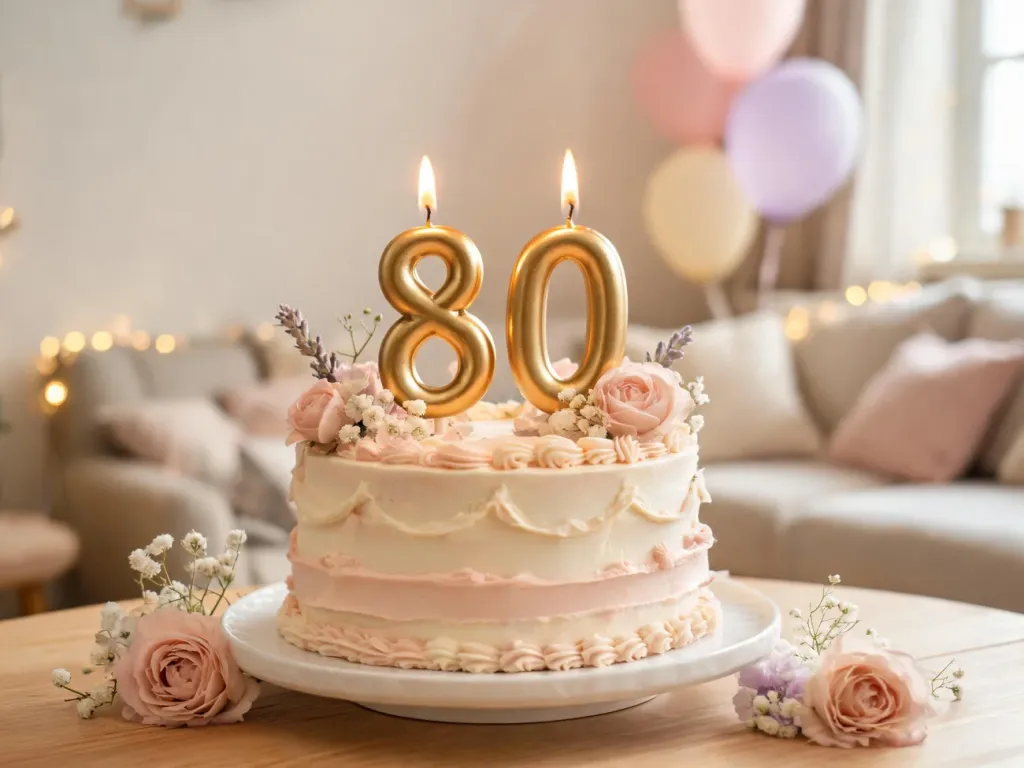 Elegancki tort urodzinowy z złotymi świeczkami „80” w przytulnym, delikatnie udekorowanym wnętrzu na jubileusz.