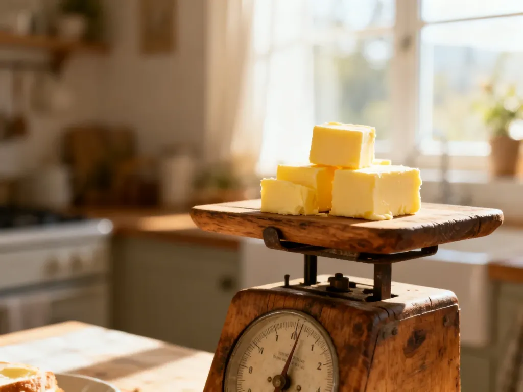Kostki margaryny na kuchennej wadze, obrazujące precyzyjne odmierzanie składników podczas przygotowywania potraw.
