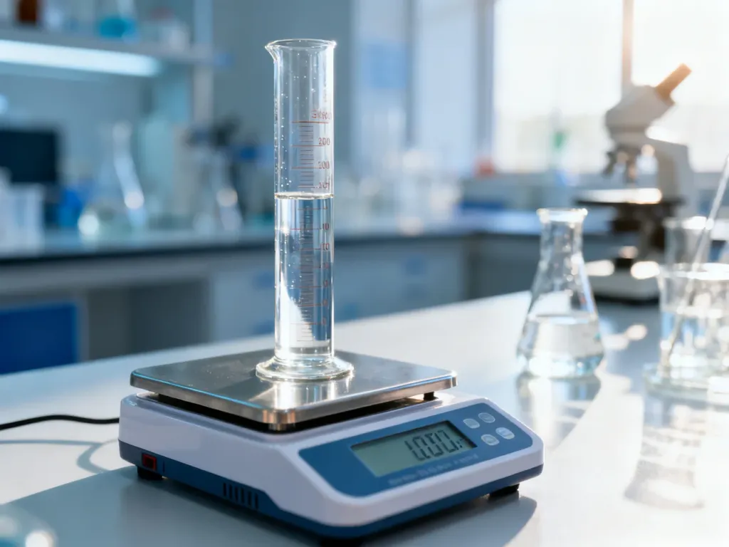 Laboratoryjny cylinder z cieczą na precyzyjnej wadze elektronicznej, obrazujący proces pomiaru masy substancji.